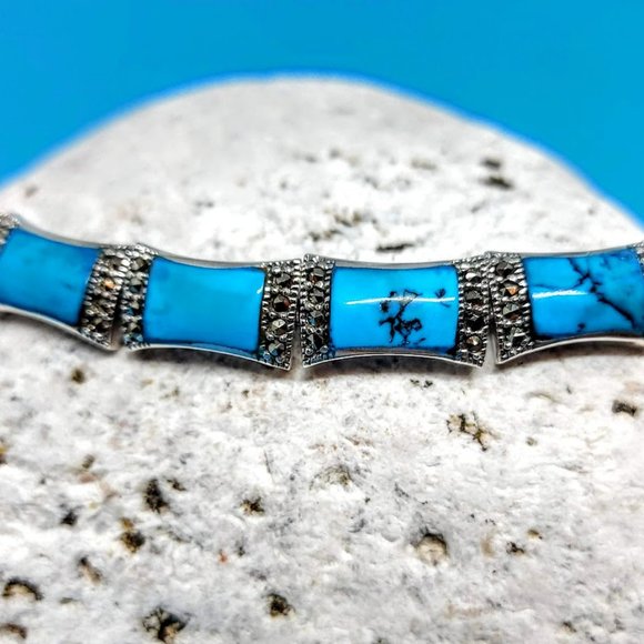 Stabilized Turquoise 11x7mm & Marcasite 925 Sterling Silver Bracelet 7" - Picture 10 of 11
